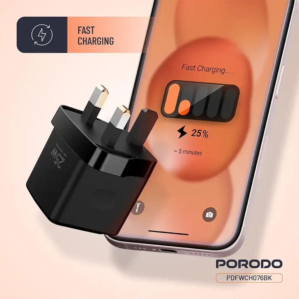 Porodo GaN 25W Dual-Port Charger with USB-C Cable
