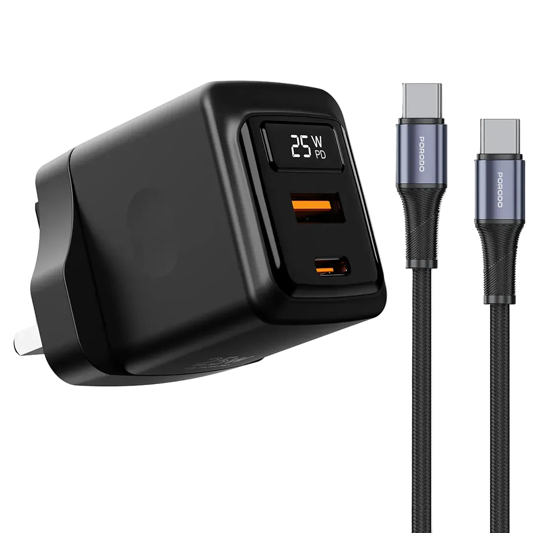 Porodo CH076 GaN 25W Dual-Port Wall Charger with USB-C Cable