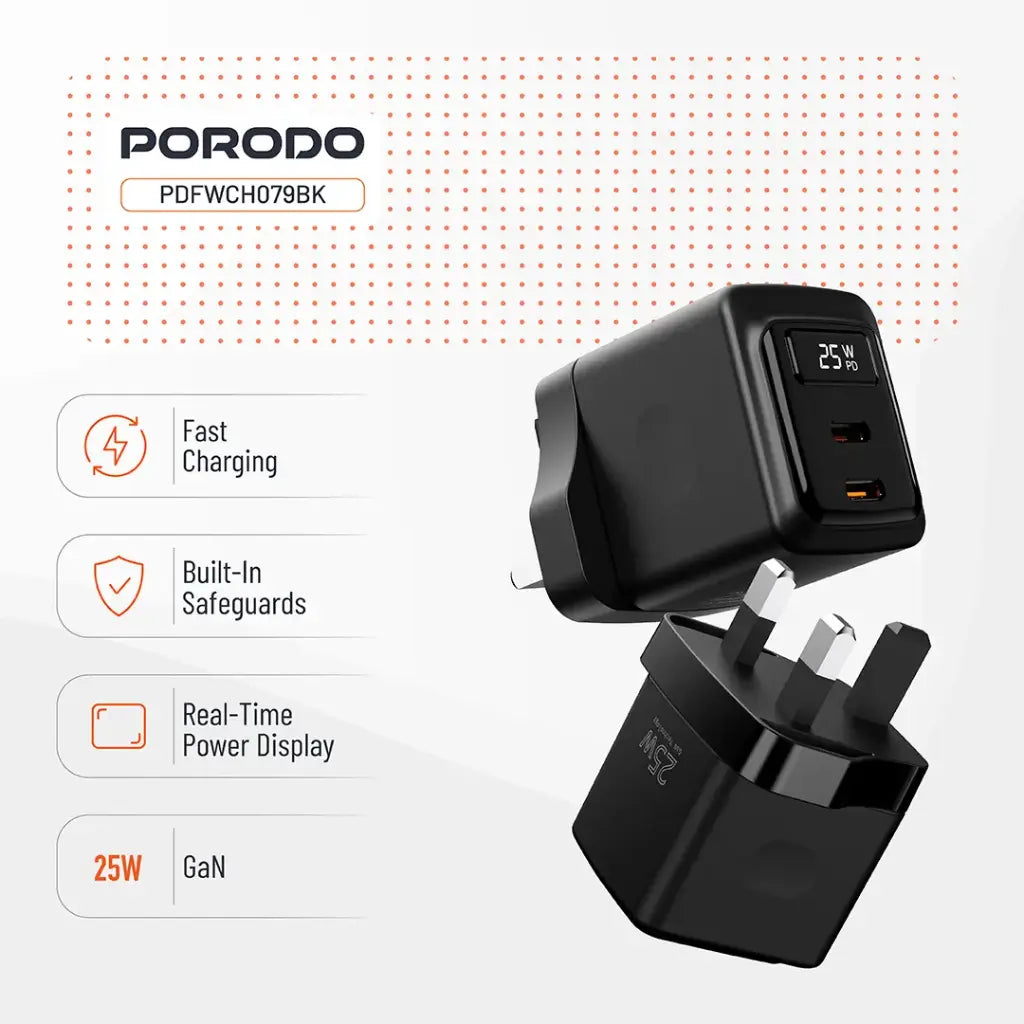 Porodo GaN 25W Dual USB-C Wall Charger