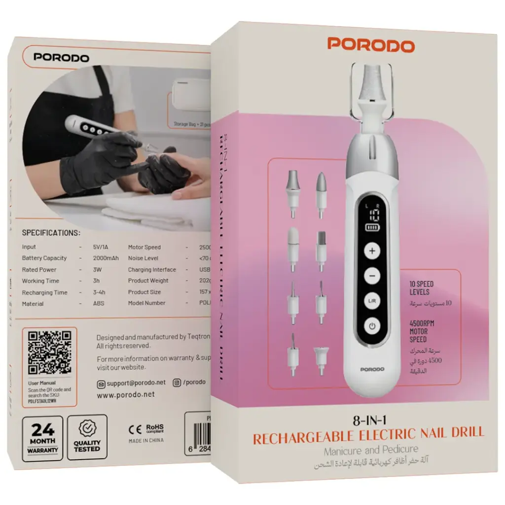 Porodo 8-in-1 Rechargeable Electric Nail Drill