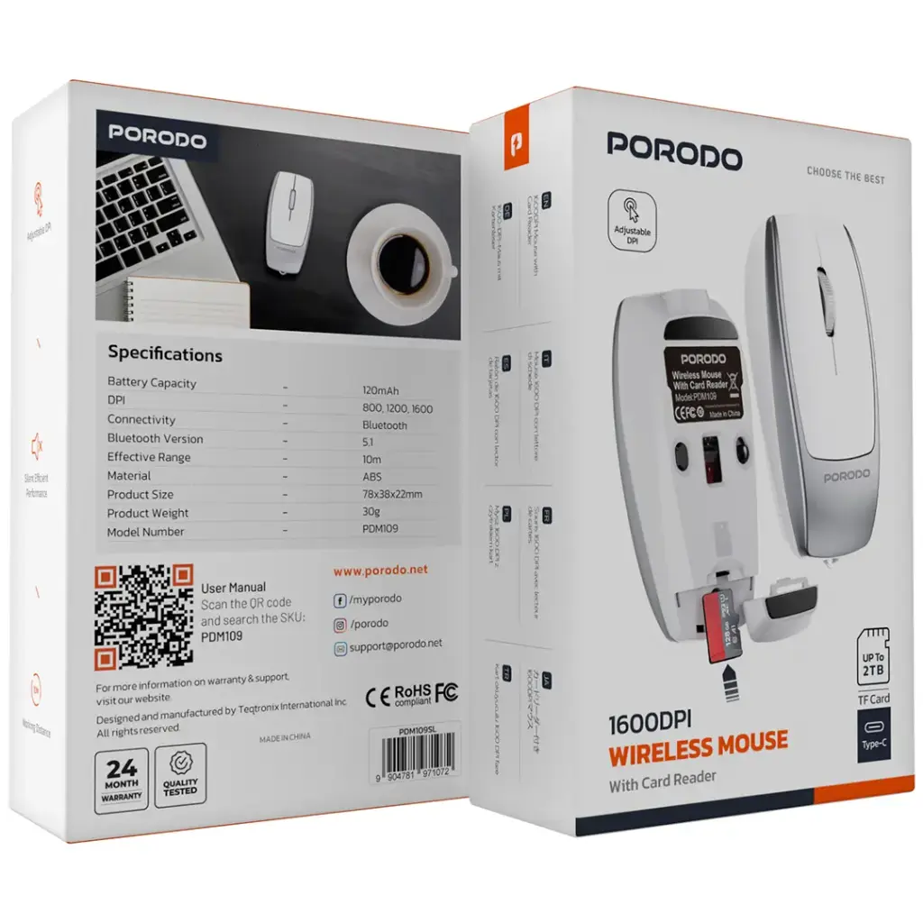 Porodo Wireless Mouse 1600DPI with Card Reader