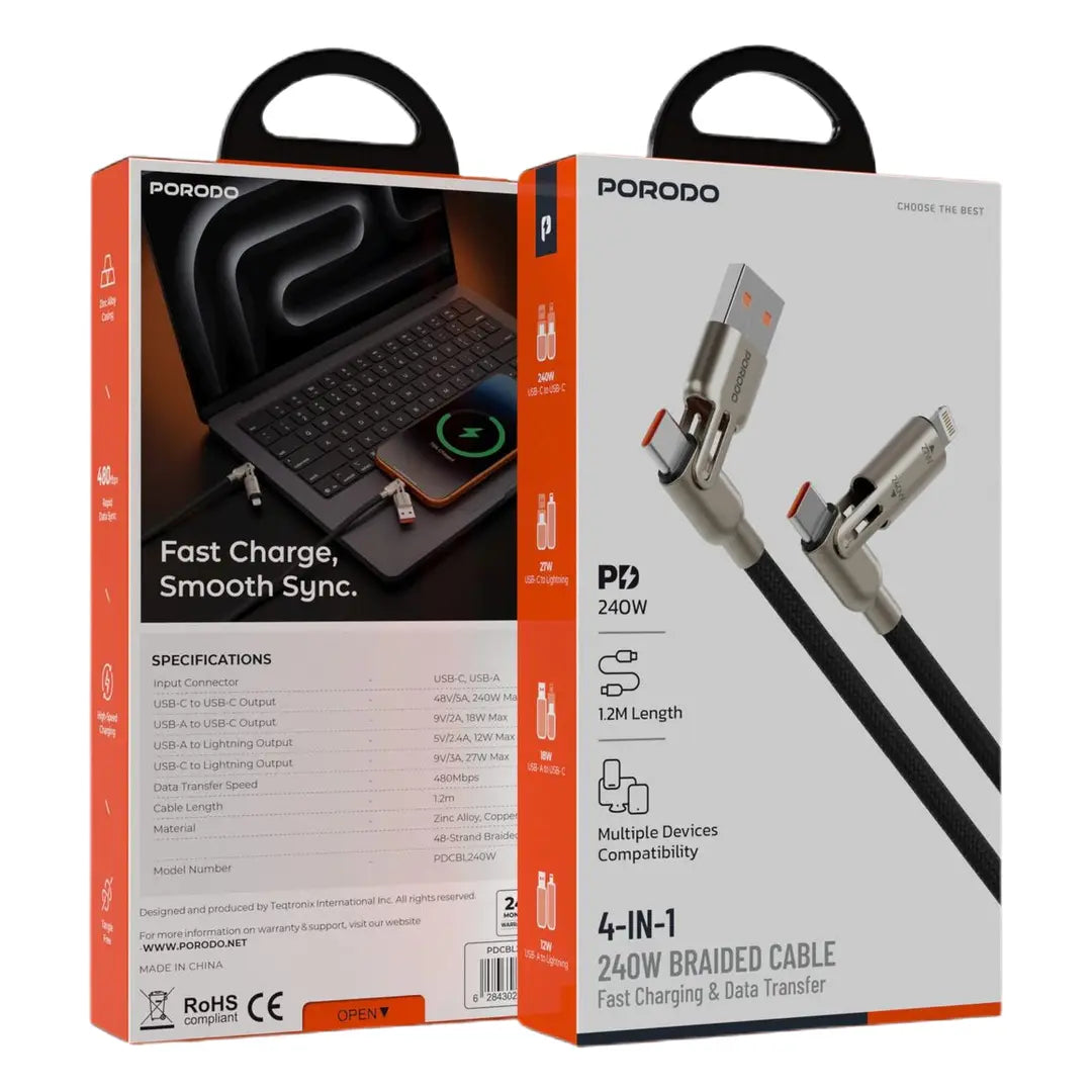 Porodo PDCBL240WBK 4-IN-1 240W Braided Cable