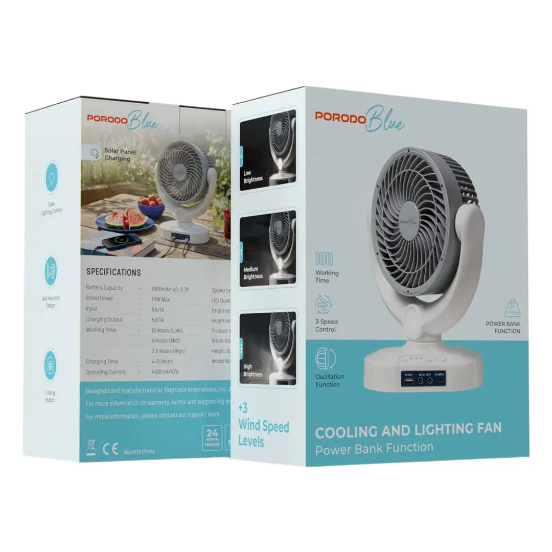 Porodo Blue 3600mAh Fan with LED Light & Power Bank