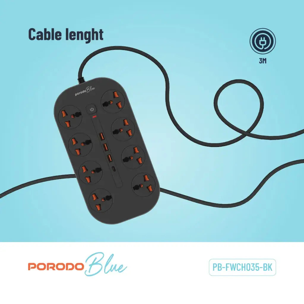 Porodo Blue 8 AC Power Strip - Black