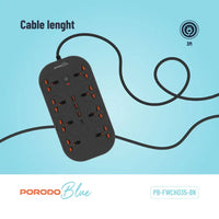 Porodo Blue 8 AC Power Strip - Black