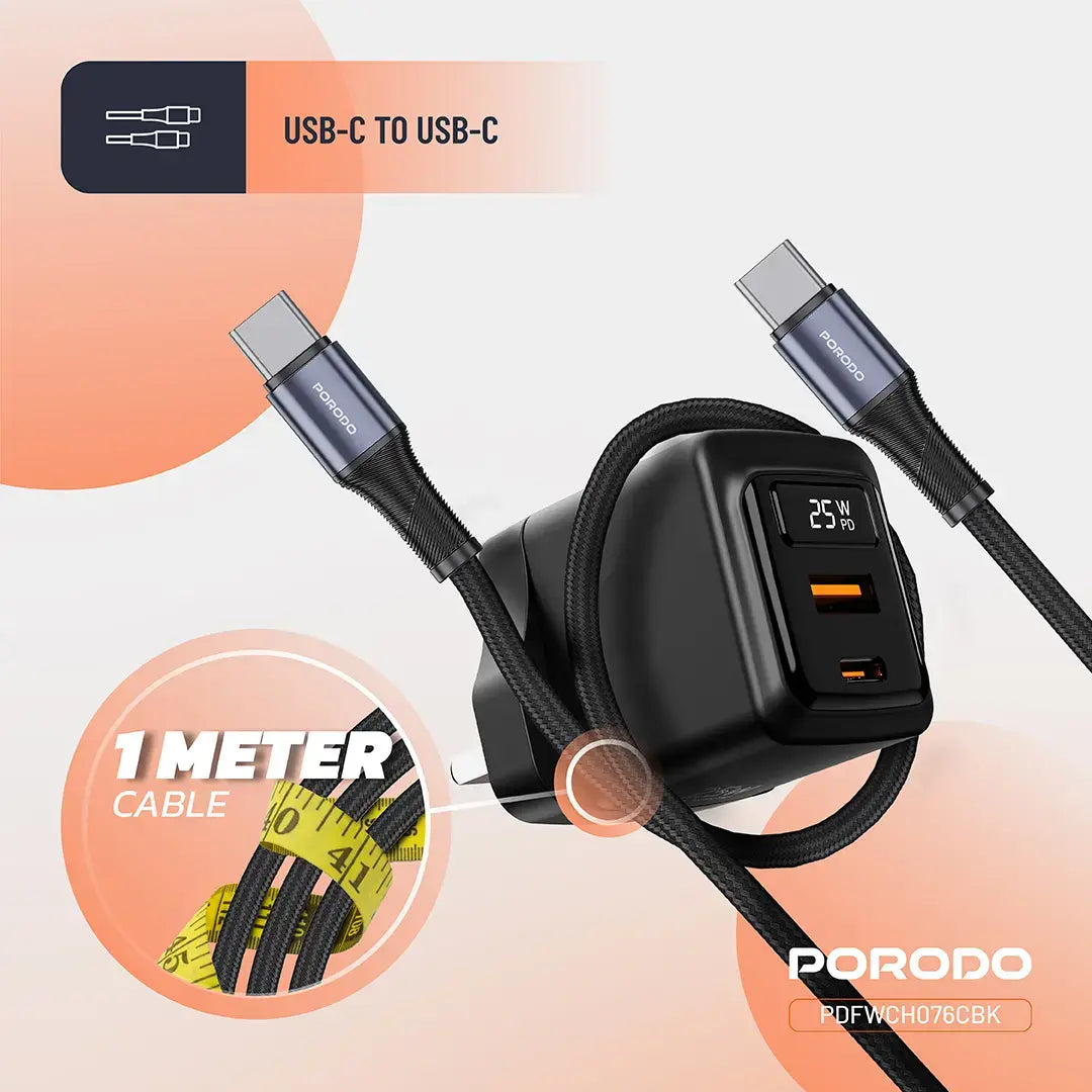 Porodo CH076 GaN 25W Dual-Port Wall Charger with USB-C Cable