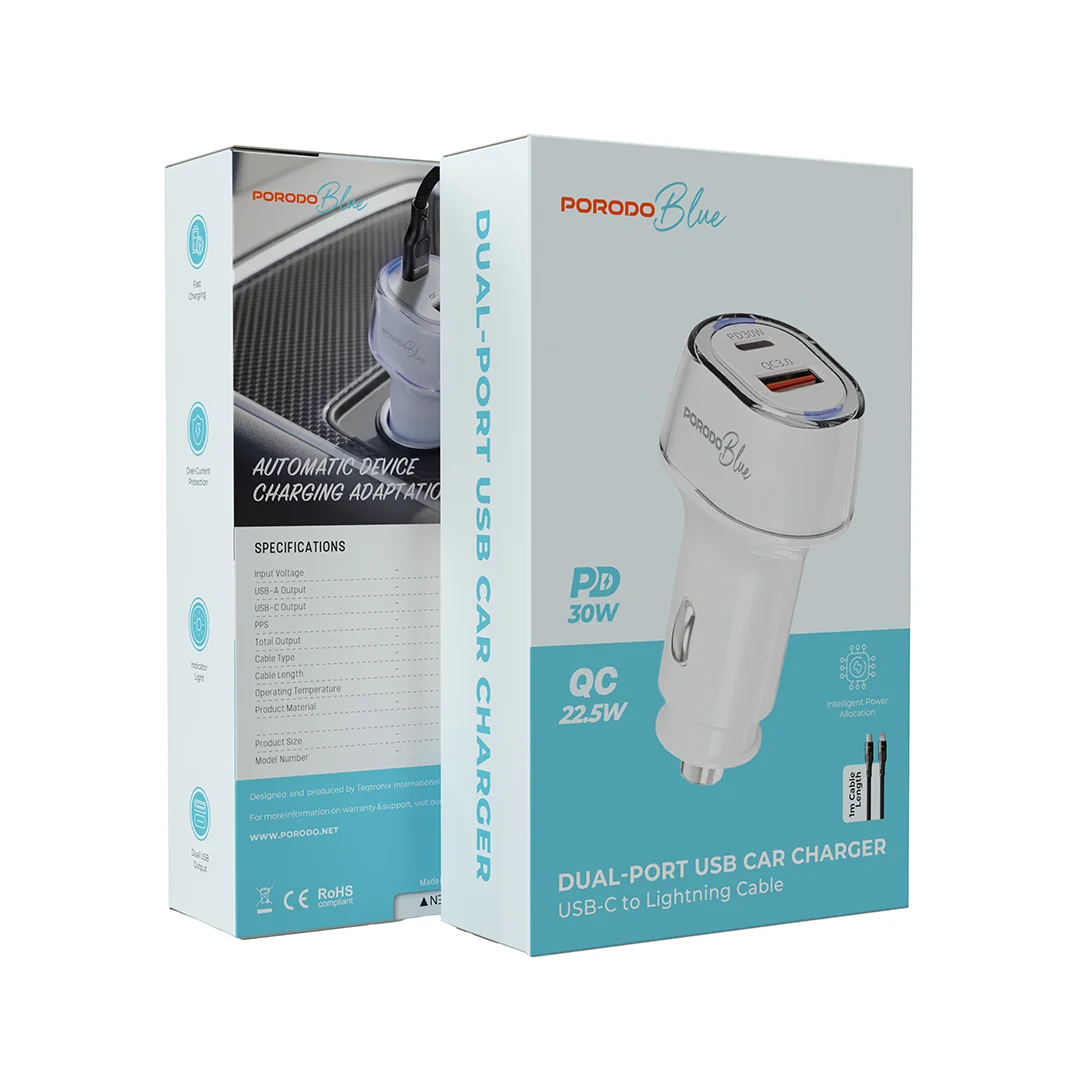 Porodo Blue 52.5W Dual-Port USB Car Charger