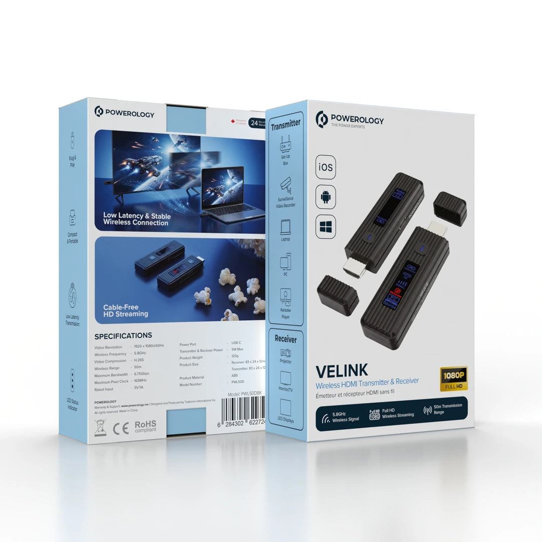 Powerology PWL50D VELINK Wireless HDMI Transmitter & Receiver 1080P 50m