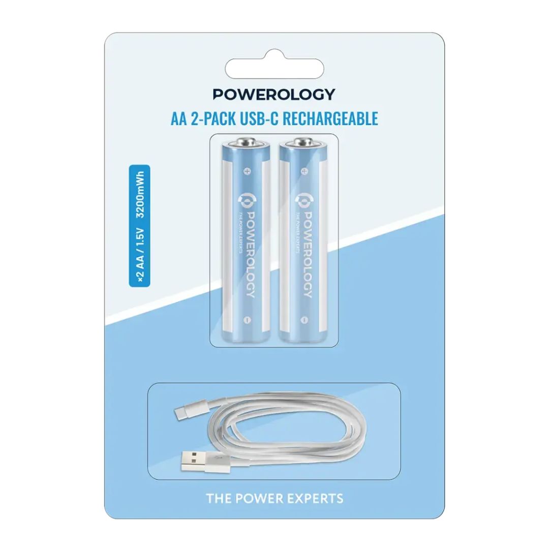 Powerology USB-C Rechargeable Batteries 2-Pack 1.5V