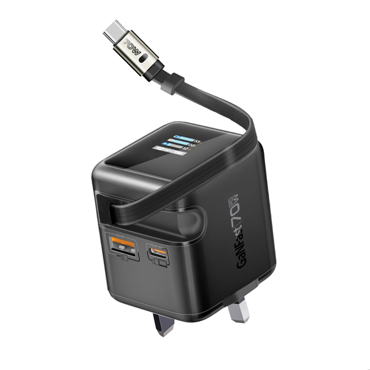 Promate Cubix R70 70W GaN charger with retractable cable