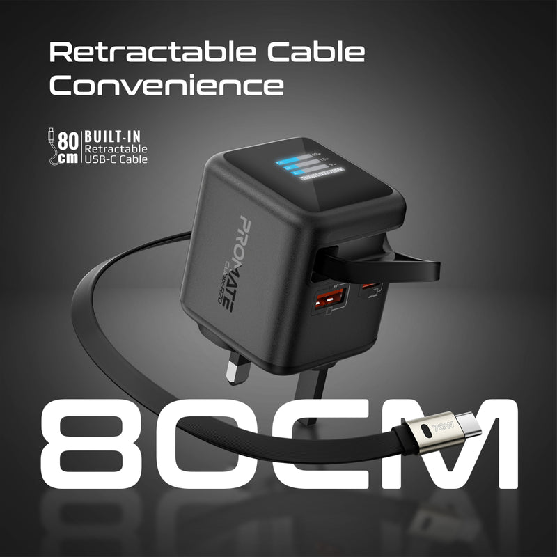 Promate Cubix R70 70W GaN Retractable Charger
