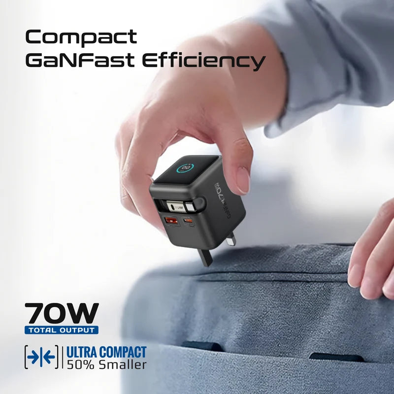 Promate Cubix R70 70W GaN Retractable Charger