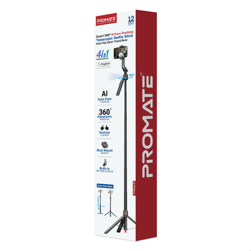 Promate TriPop-Ai+ AI Face Tracking Selfie Stick & Smart Tripod