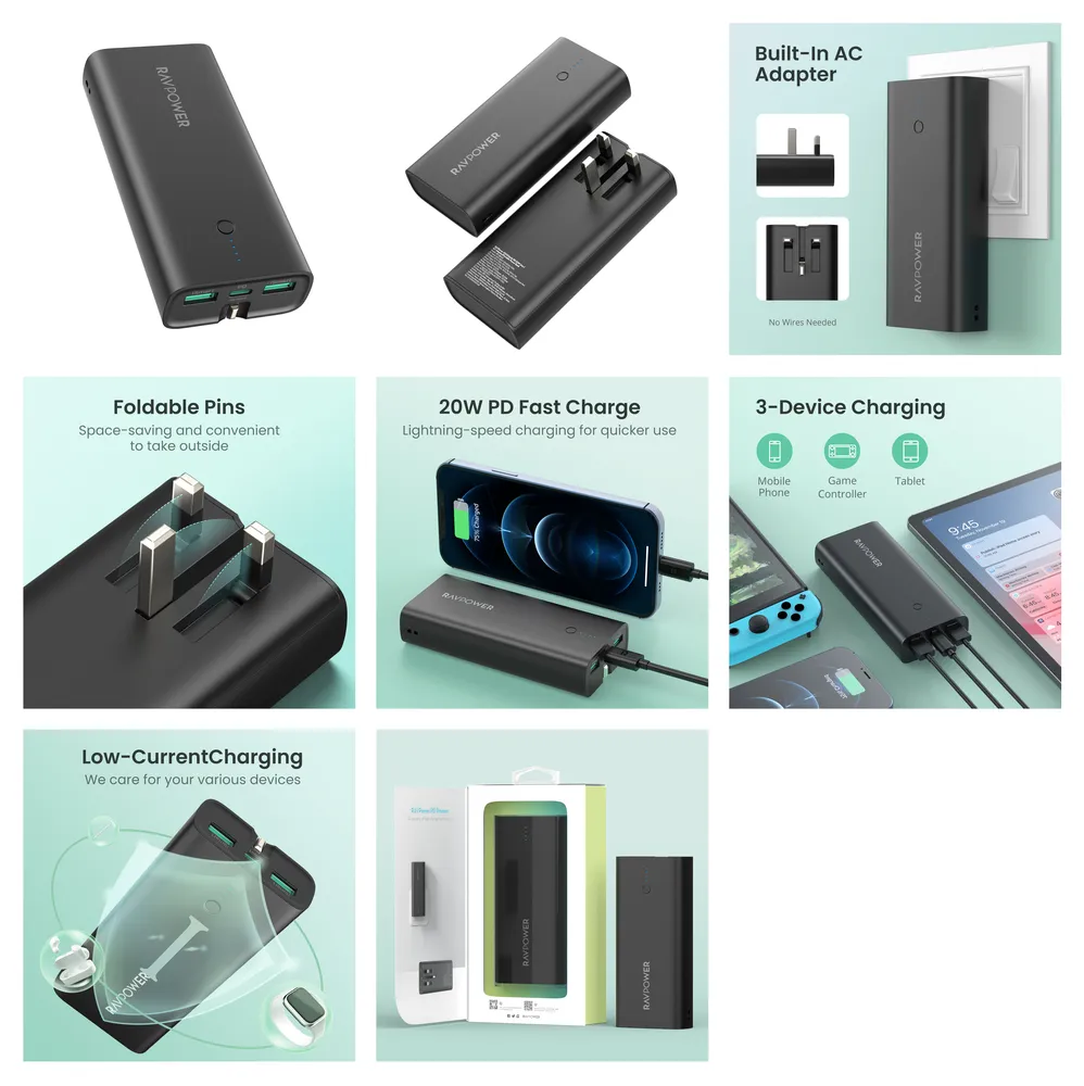 Ravpower 10000mAh 20W 3-Ports Power Bank With Wall Plug