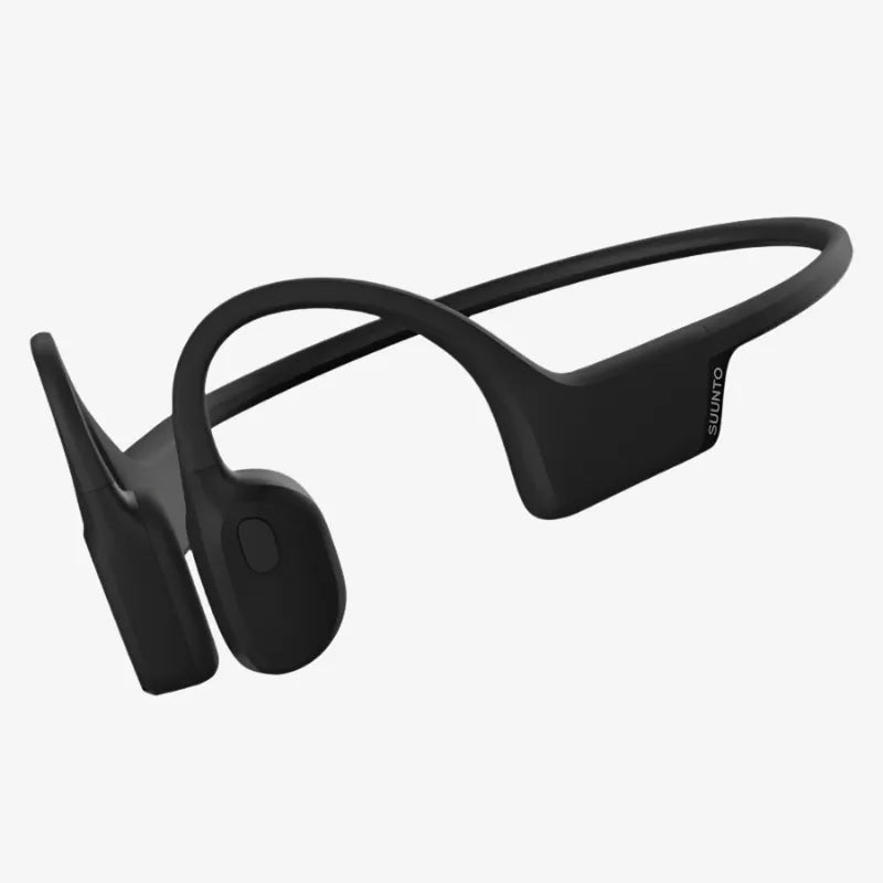 Angled side view of black Suunto bone conduction headphones with wrap-around band