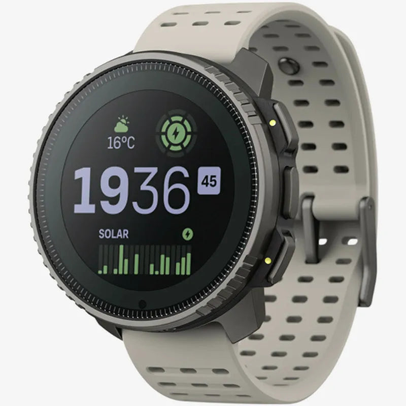 Suunto solar-powered GPS smartwatch with grey silicone strap displaying time, temperature, and solar charging status