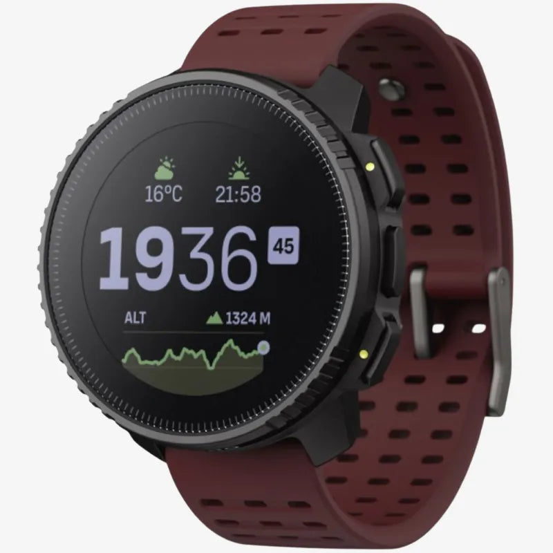 Suunto GPS smartwatch with maroon silicone strap displaying time, altitude, and weather information