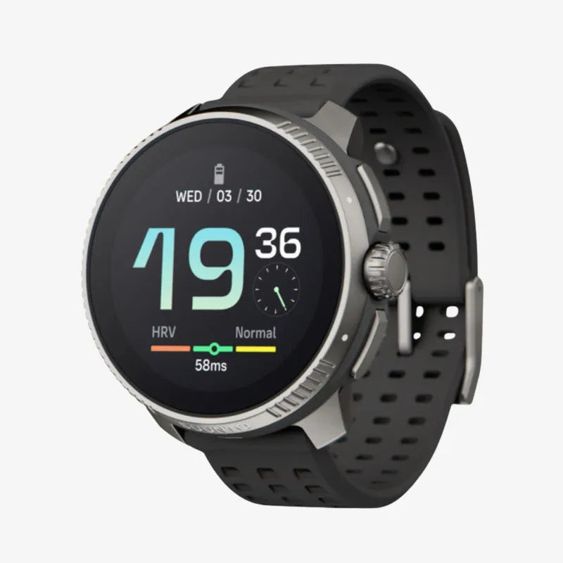 Suunto smartwatch in titanium finish with black strap displaying digital time, HRV status, and date
