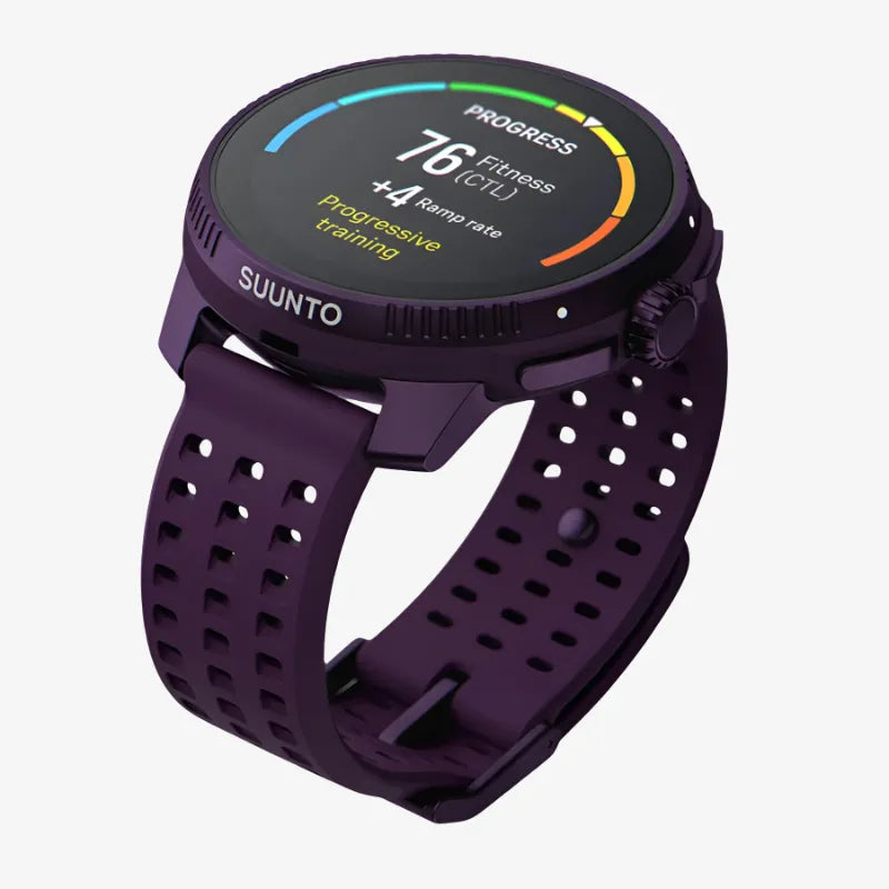 Angled view of purple Suunto smartwatch displaying weather forecast for Beijing