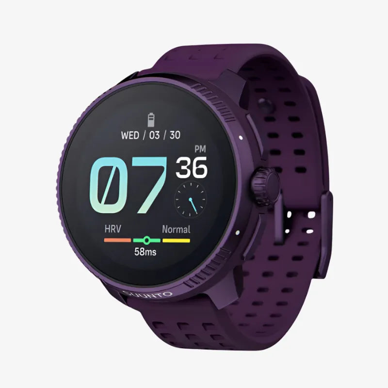 Purple Suunto smartwatch showing large digital time with HRV and battery status