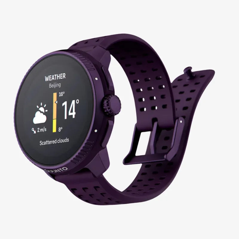 Top-down view of purple Suunto smartwatch displaying fitness progress and ramp rate