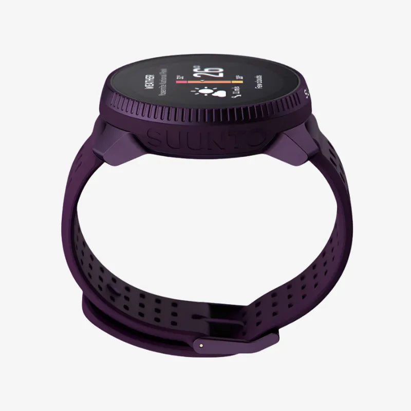 Side view of purple Suunto smartwatch with bold bezel and perforated strap