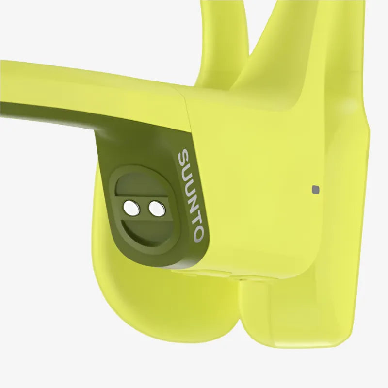 Angled side view of lime Suunto headphones showing ear module and SUUNTO logo