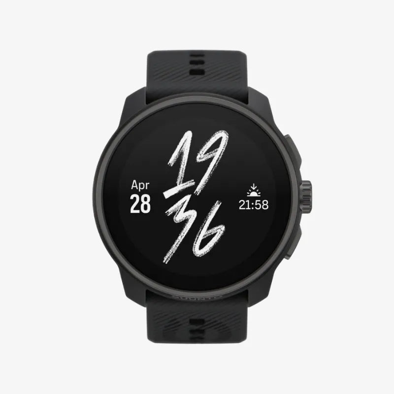 Front view of Suunto Race smartwatch in black with minimalist digital watch face displaying time and date
