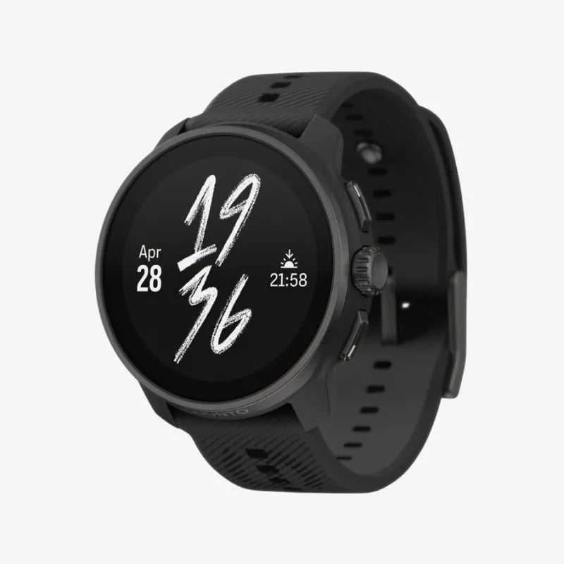 Angled view of Suunto Race smartwatch in black with bold white digital time display