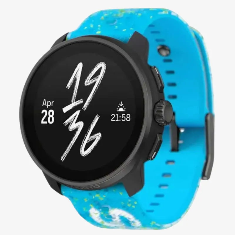 Suunto Race smartwatch with black bezel and striking blue strap, displaying date and time on screen
