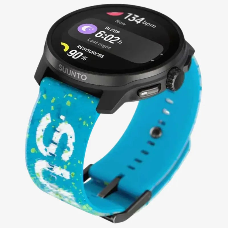 Suunto Race smartwatch showing heart rate and sleep stats with a colorful blue strap