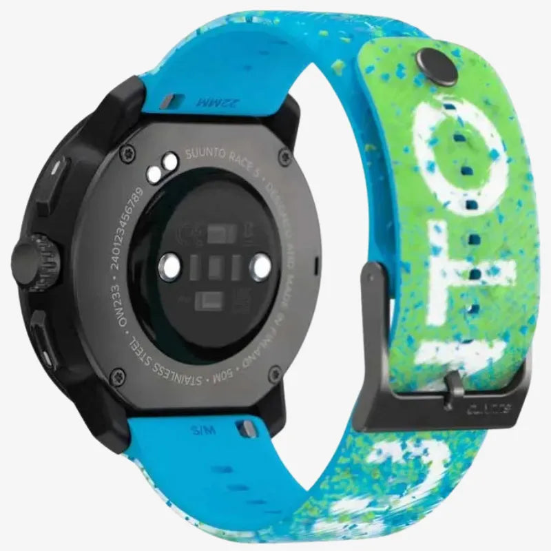 Back view of Suunto Race smartwatch featuring a blue and green speckled strap with bold white print