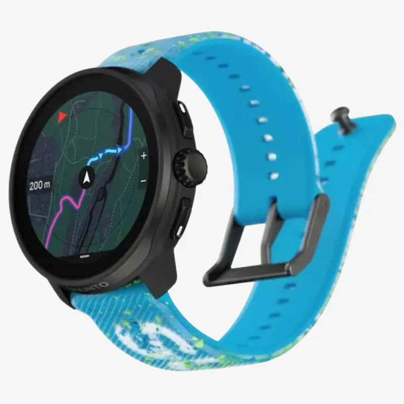 Suunto Race smartwatch displaying GPS navigation with a vibrant blue and green graffiti-style strap
