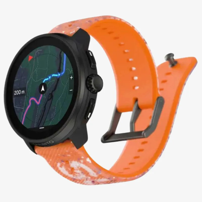 Back view of Suunto Race smartwatch with vibrant orange and purple graffiti-style strap