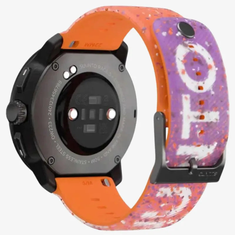 Suunto Race smartwatch in black with graffiti-style orange strap displaying heart rate, sleep, and resources
