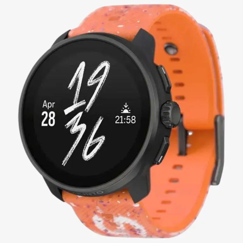 Suunto Race smartwatch showing navigation map on screen with artistic orange silicone strap
