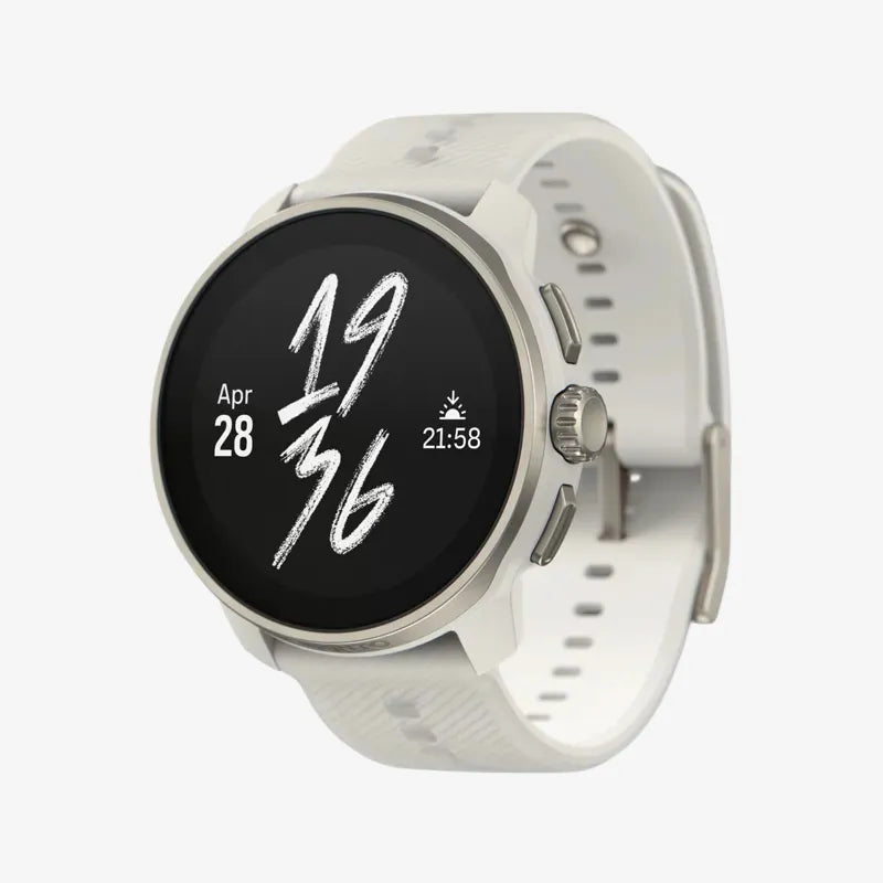 Suunto Race smartwatch with digital time and date interface on sleek black display