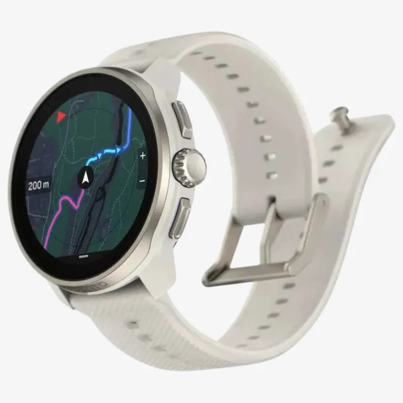Suunto Race smartwatch with topographic map navigation display and white silicone strap