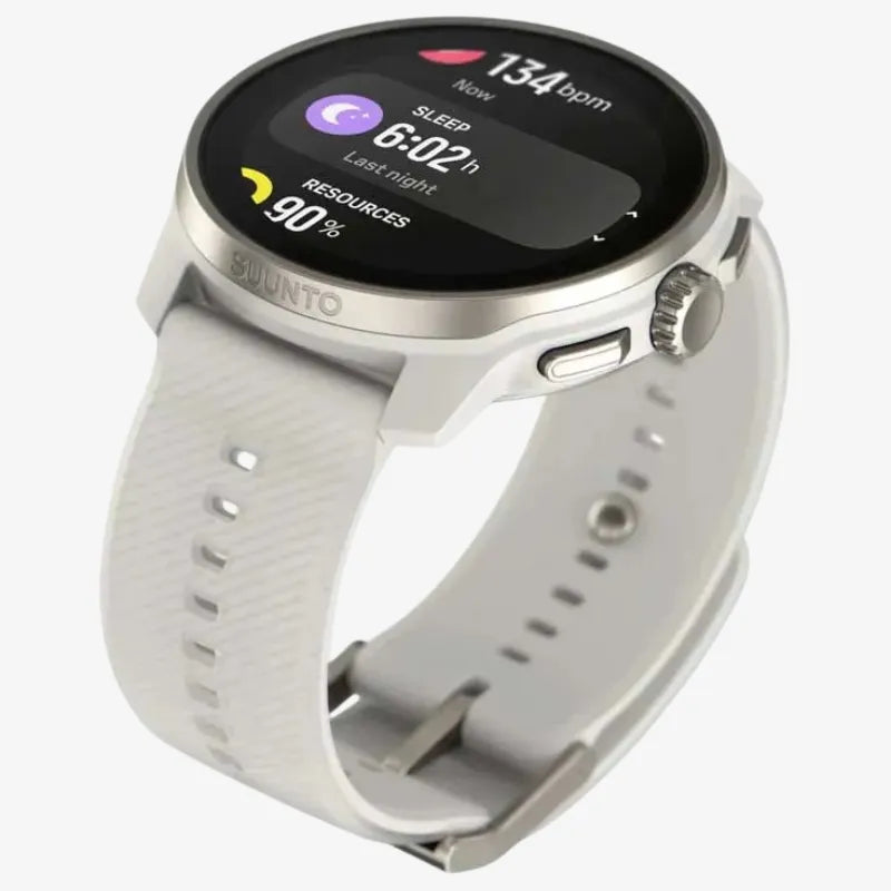 Back view of Suunto Race smartwatch showcasing sensor and stainless steel case with white strap