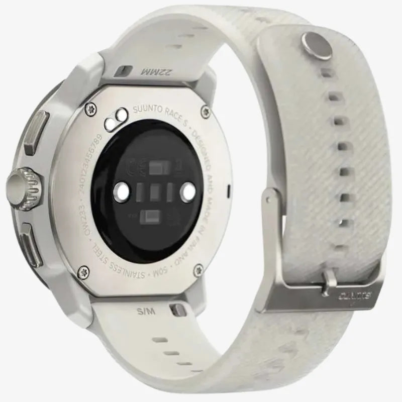 Suunto Race smartwatch showing heart rate, sleep, and resource tracking on black screen