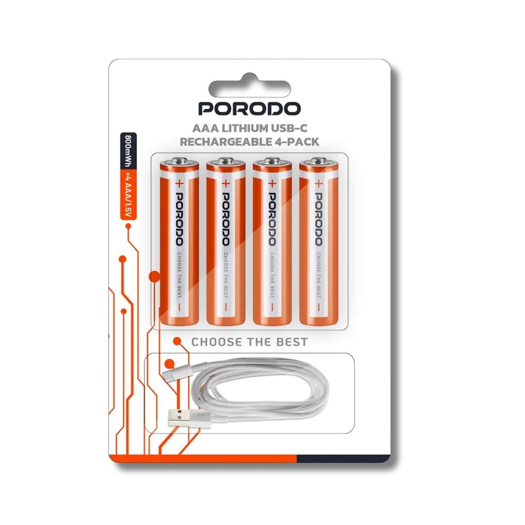 Porodo Lithium USB-C Rechargeable Batteries 4-Pack