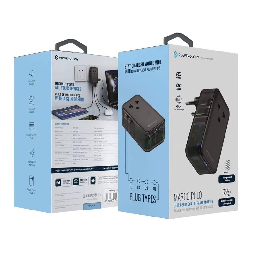 Powerology Marco Polo Ultra-Slim GaN III Travel Adapter — 45W 4-Port Black