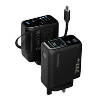 Powerology 70W TFT Adapter Retractable Type-C Cable — Smart Display Multi-Port Black