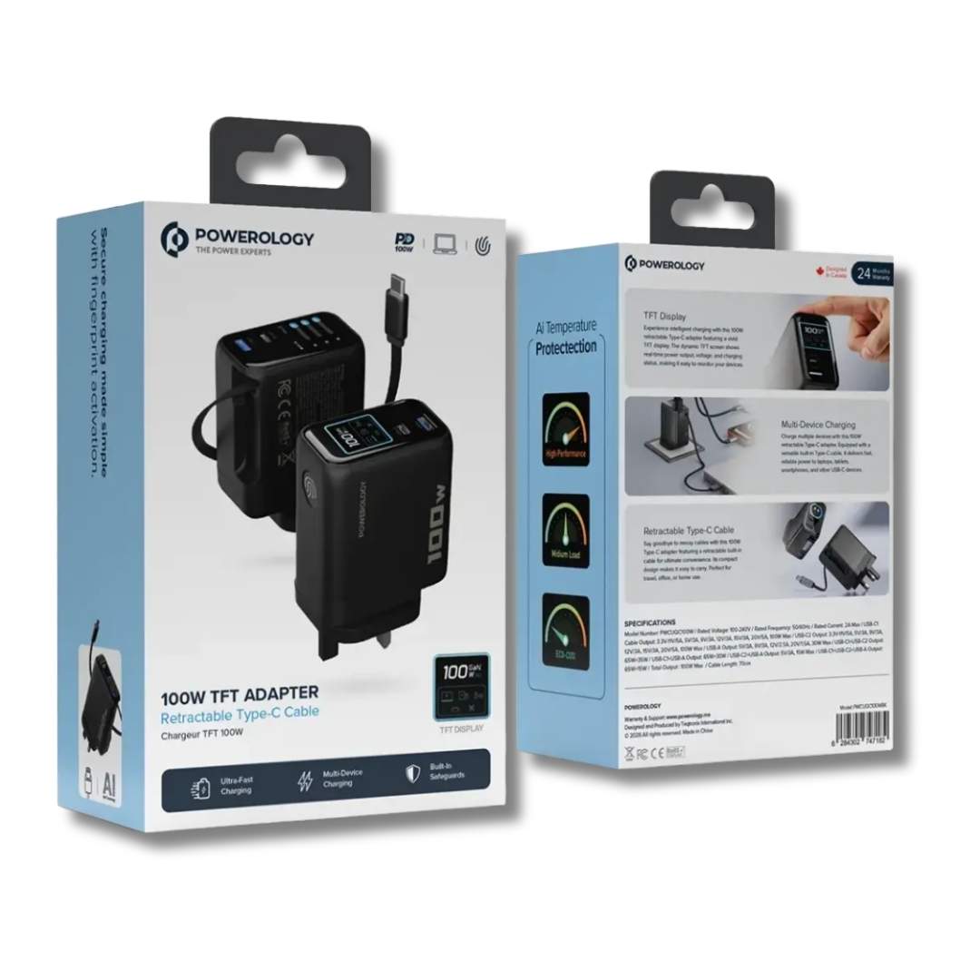 Powerology 70W TFT Adapter Retractable Type-C Cable — Smart Display Multi-Port Black