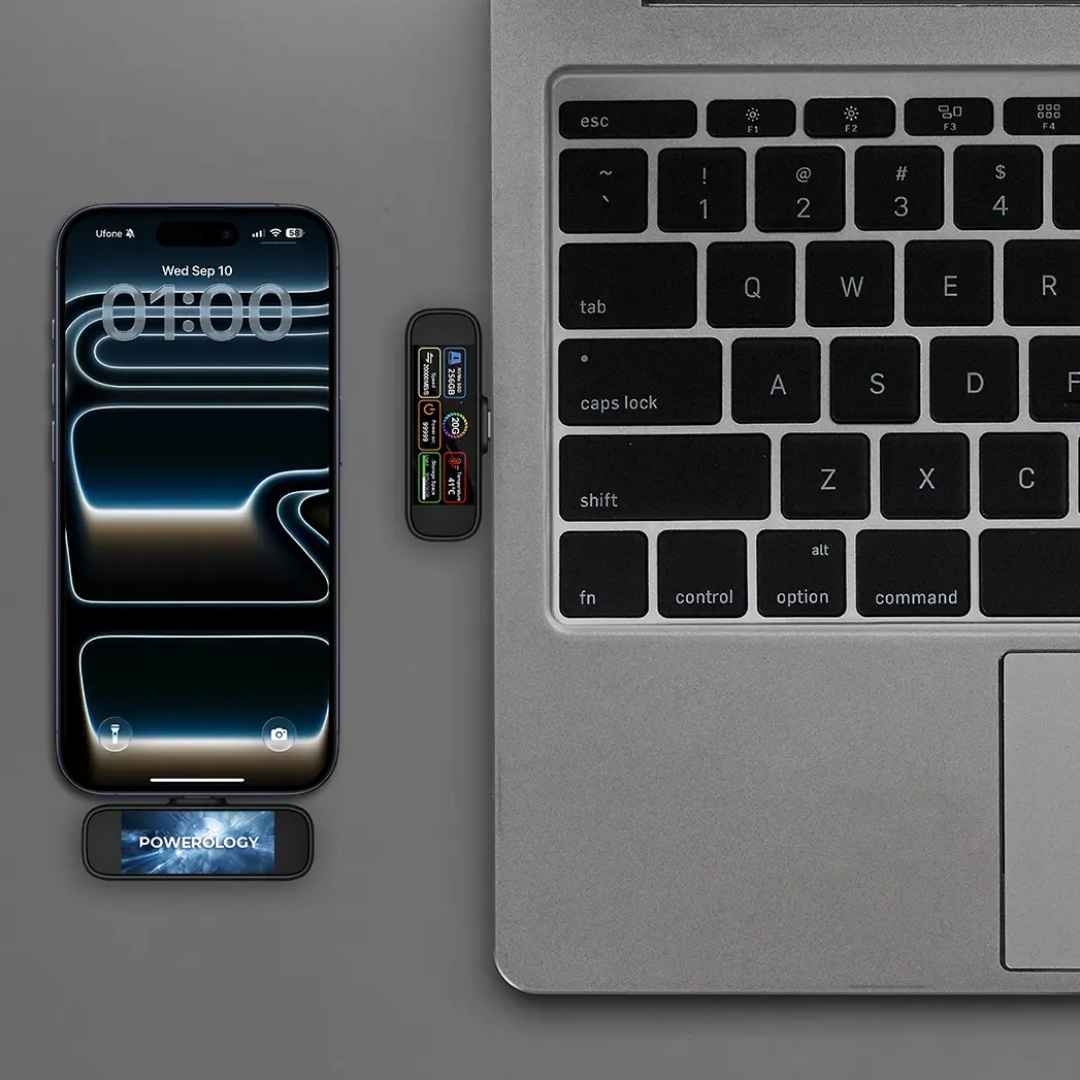 Powerology Vaultx 256GB Mini Portable SSD Drive — 20Gbps TFT Display Black