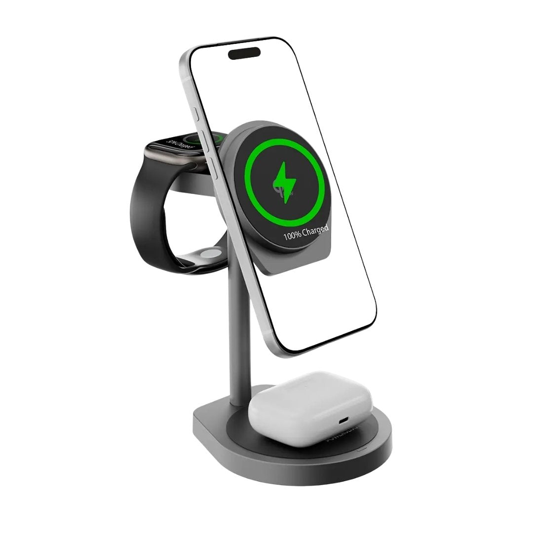 Powerology Eifel 3-in-1 Wireless Charger — 25W Qi2 Magnetic Stand Grey