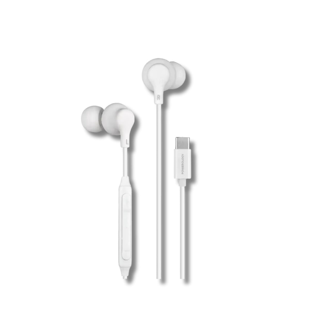 Powerology Type-C In-Ear Stereo Earphones — HiFi Audio In-Line Control White