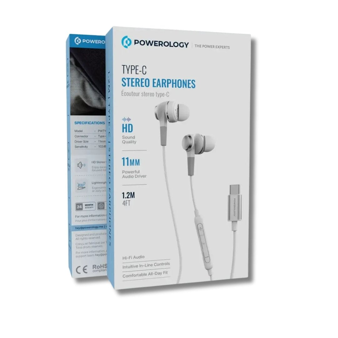Powerology Type-C In-Ear Stereo Earphones — HiFi Audio In-Line Control White