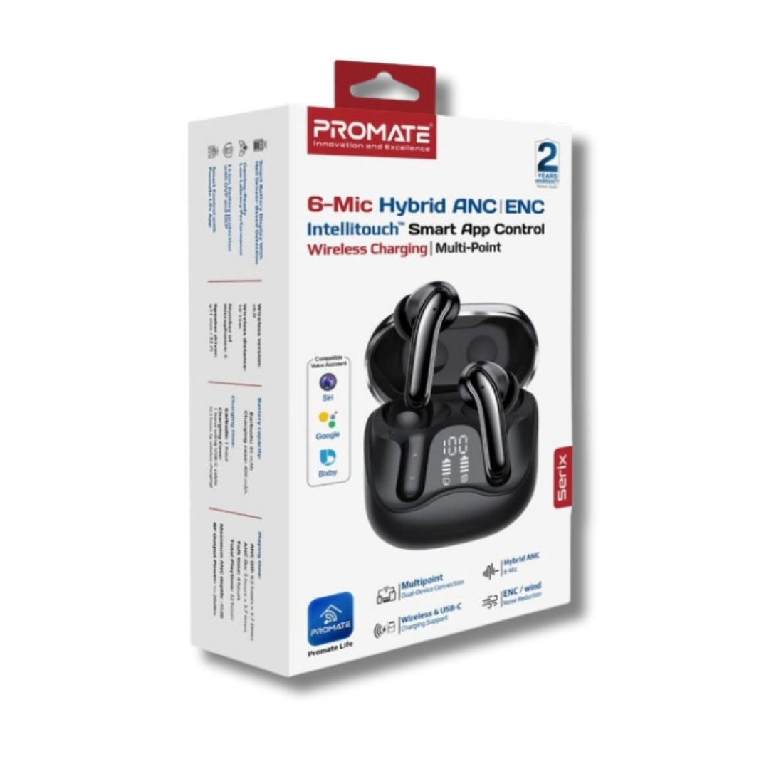 Promate Serix Hybrid ANC Smart TWS Earbuds with Wireless Charging