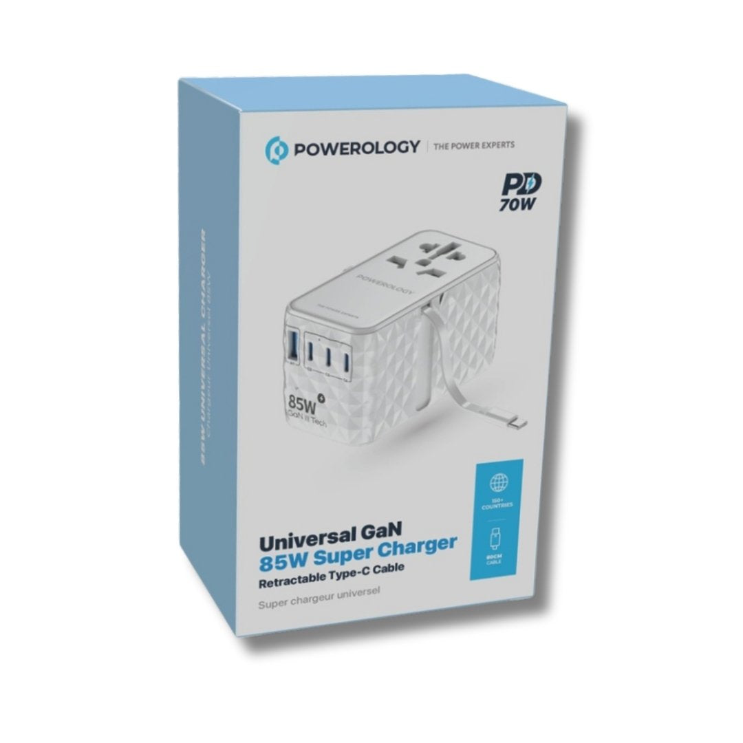 Powerology Universal GaN 85W Super Charger with Retractable USB-C Cable